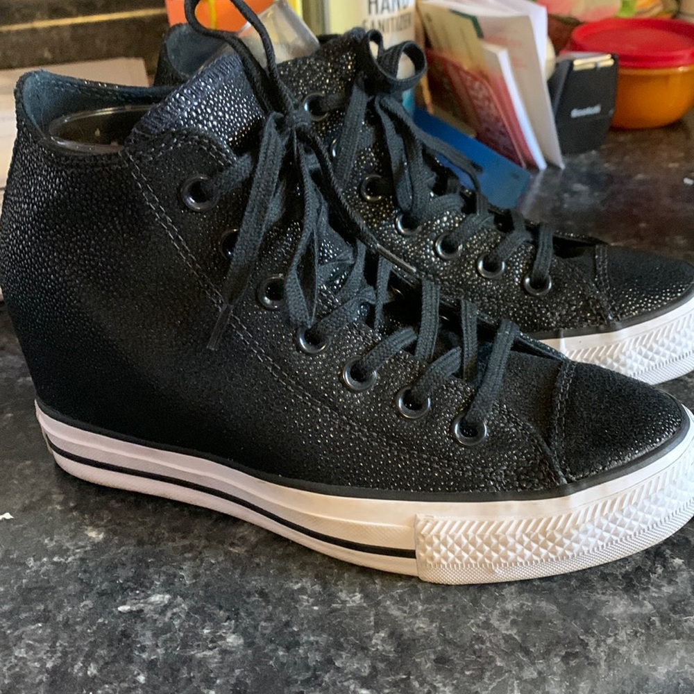 Converse wedge sneakers size 7 black with metallic texture